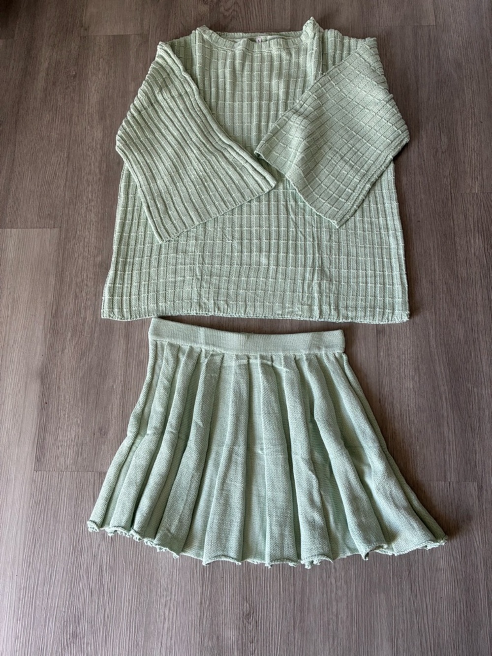 Sage Green Knit Two-Piece Set — Top & Pleated Skirt
